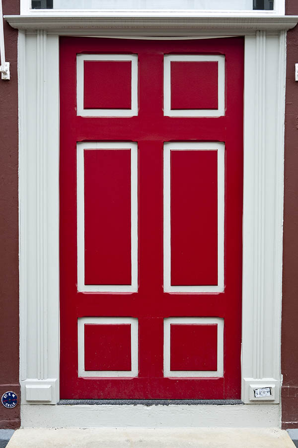Photo 16398: Panelled, crimson red and white door with top window