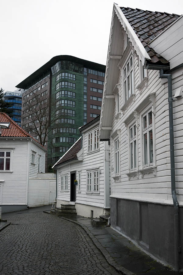 Photo 16507: Facades of white, wooden houses with a large office building behind it