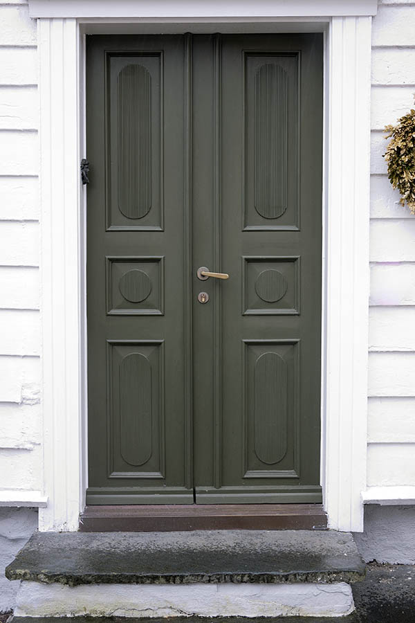 Photo 16609: Panelled, carved, green double door
