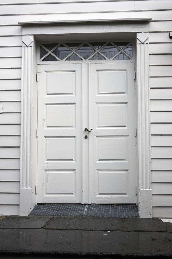 Photo 16612: Panelled, white double door with top window