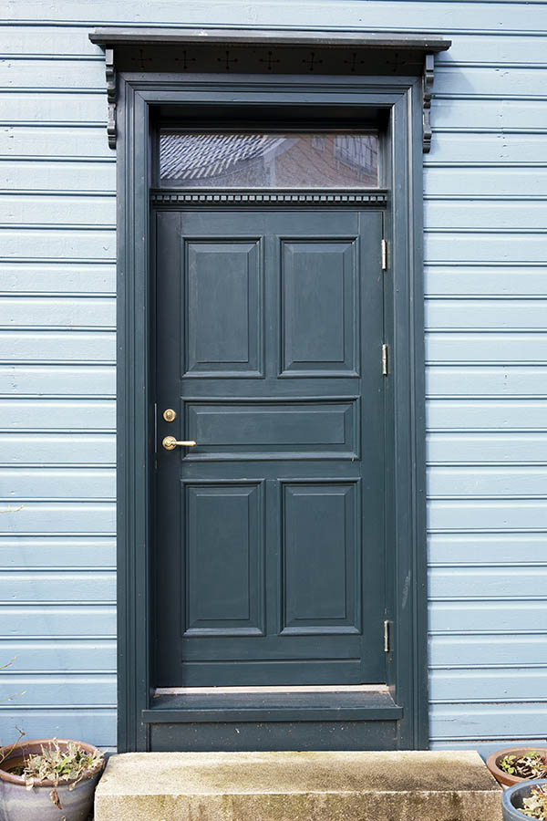 Photo 16861: Panelled, carved, teal door with top window