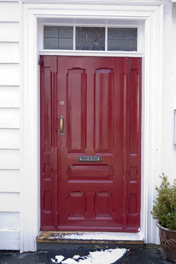 Photo 16871: Panelled, carved, red door with sidepieces and white top window