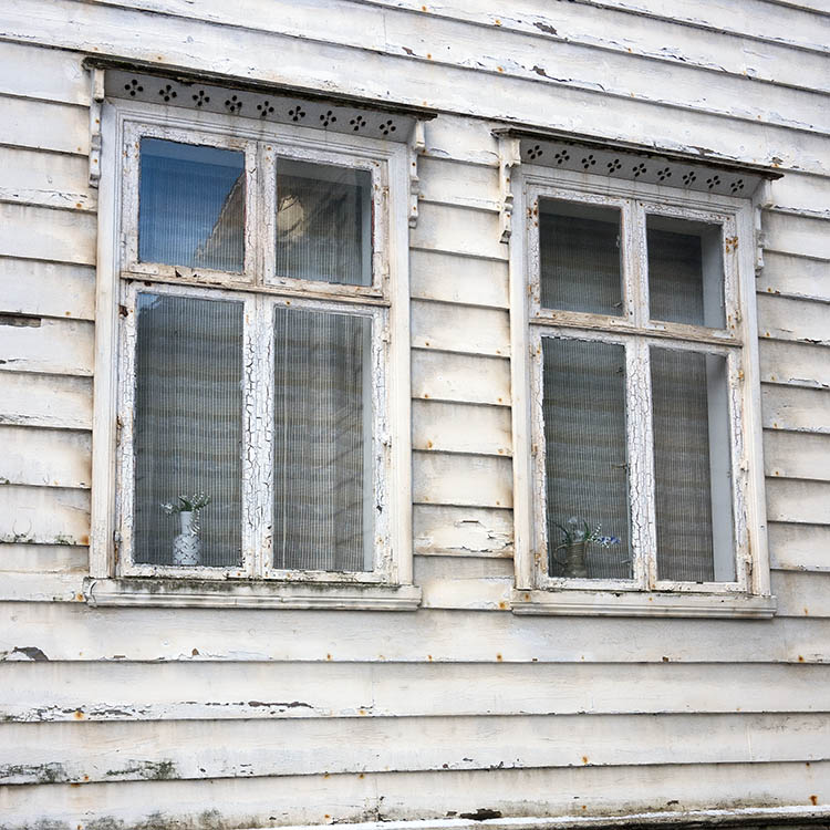 Photo 16882: Two decayed, white windows with four frames each