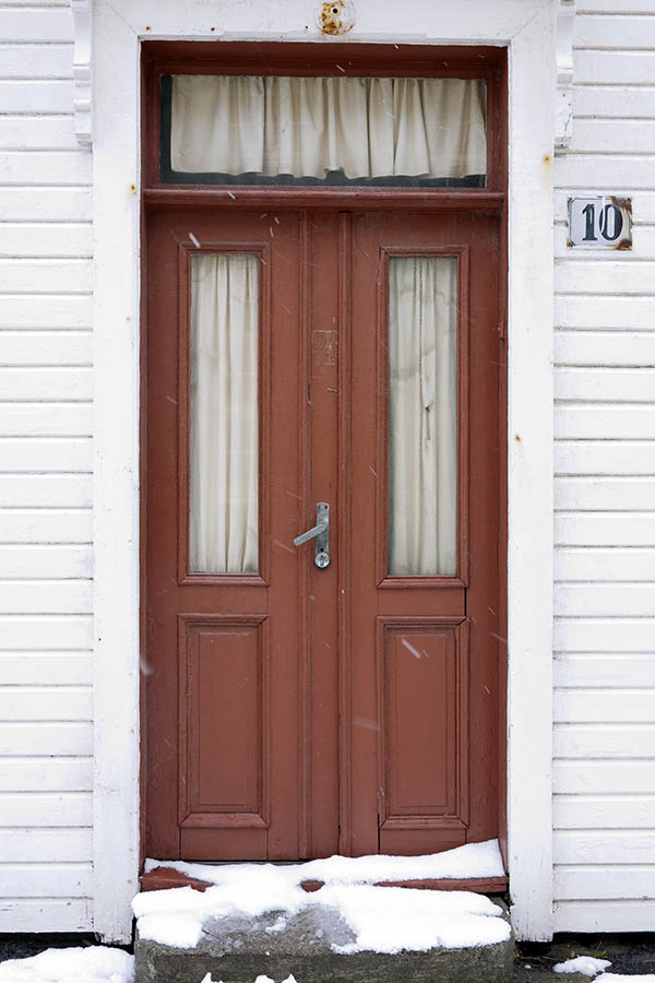 Photo 17060: Panelled, brown double door with door lights and top window