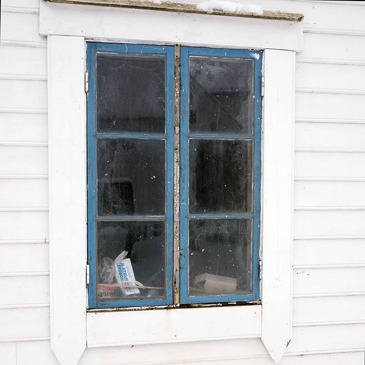 Photo 17074: Decayed, blue window with two frames and six panes