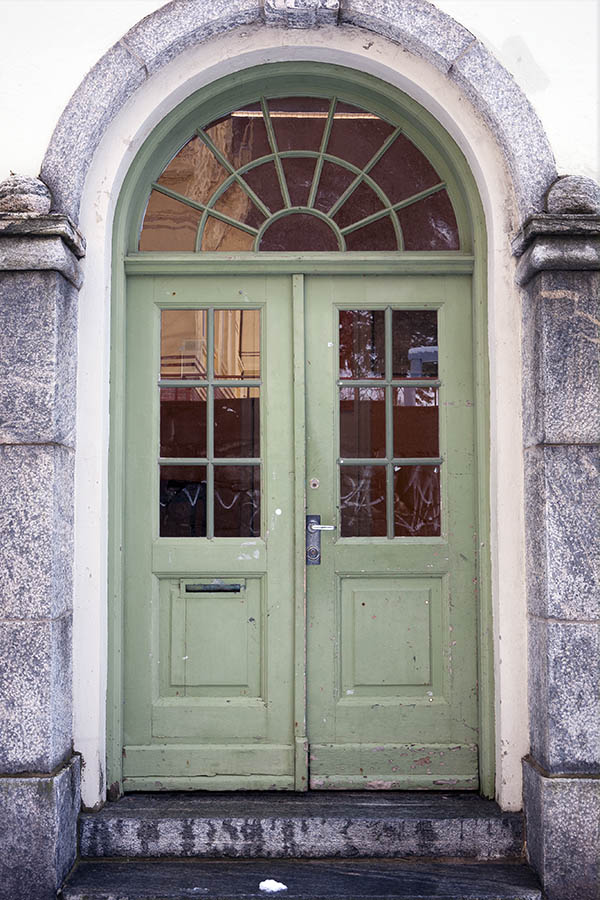 Photo 17084: Worn, panelled, light green double door with door lights and fan light