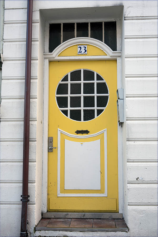 Photo 17128: Formed, panelled, yellow and white door in Art Nouveau style with door light and top window