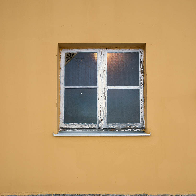 Photo 17170: Decayed, white window with two frames and four panes