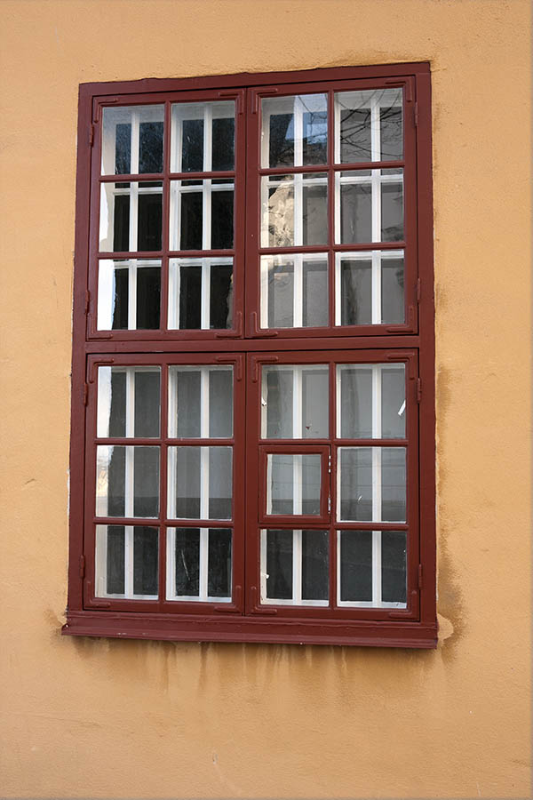 Photo 17613: Large, barred, brown window with four frames and 24 panes