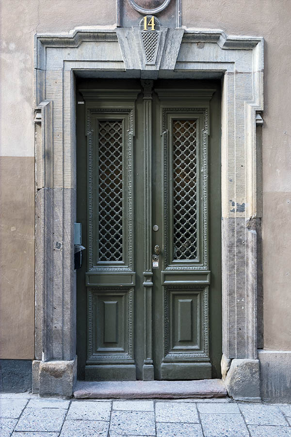 Photo 17640: Panelled, carved, latticed, green double door with door lights