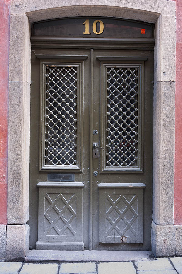 Photo 17644: Panelled, carved, latticed, brown double door with door lights and top window