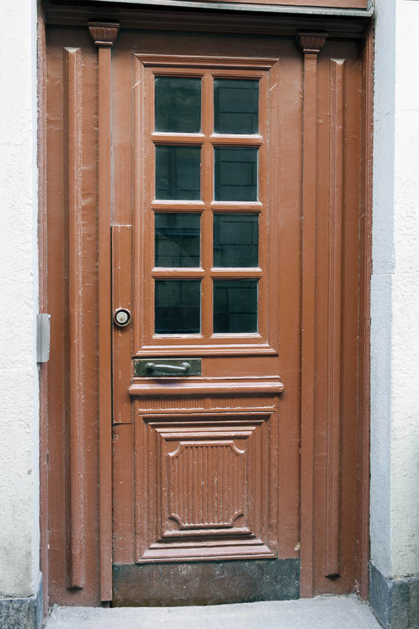 Photo 17784: Panelled, carved brown door with doorlight and sidepieces
