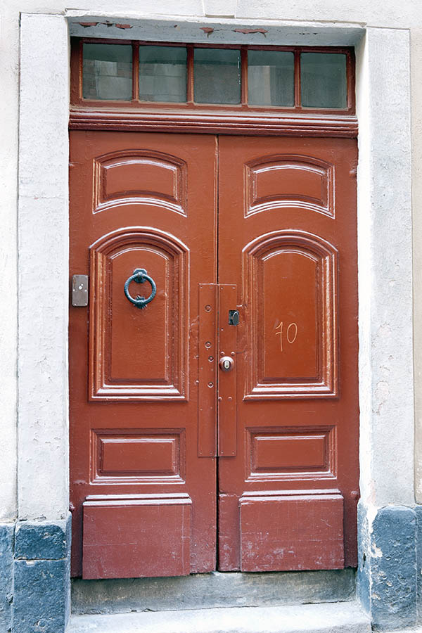 Photo 17891: Panelled, formed, brown double door with top window