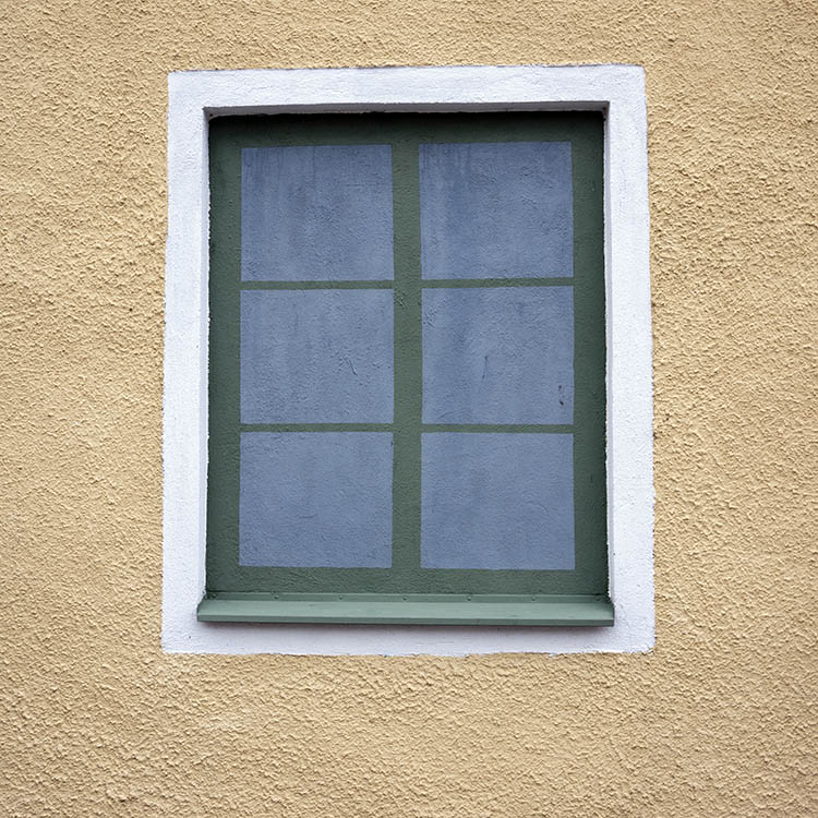 Photo 18277: No window. Painting of a green and white window on a roughcast, yellow wall