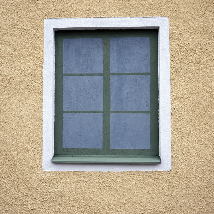 Photo 18277: No window. Painting of a green and white window on a roughcast, yellow wall