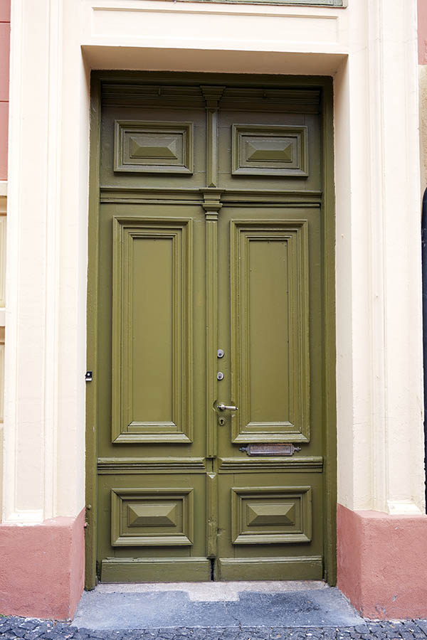 Photo 18594: Panelled, yellow and brown double door