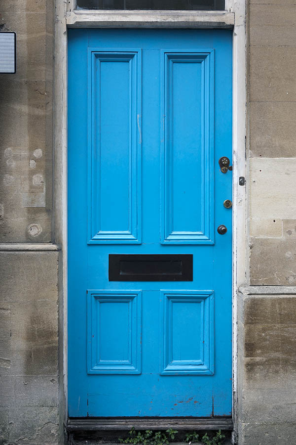 Photo 18731: Panelled, turquoise door with white frame and top window