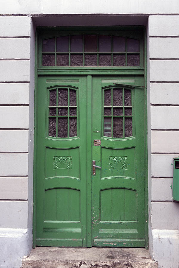 Photo 18988: Panelled, formed, carved, green double door  with door lights and top window
