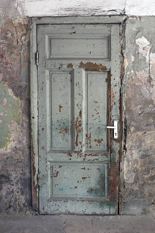 Photo 19594: Decayed, panelled, grey and brown door