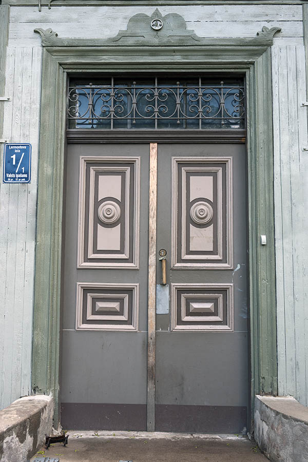 Photo 19739: Panelled, carved, latticed, grey, light yellow and brown double door with top window