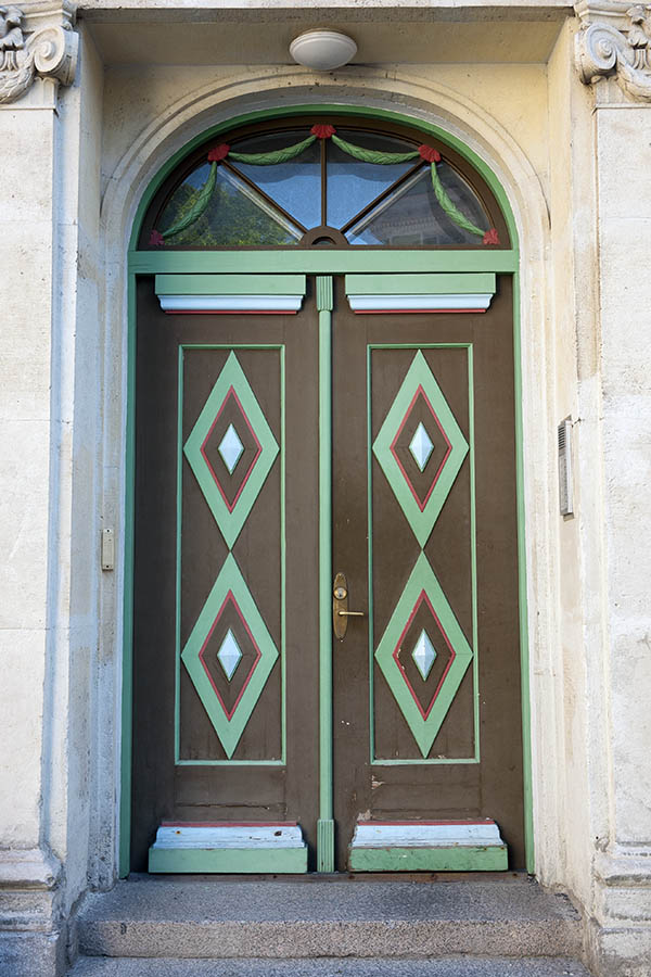 Photo 19860: Formed, carved, brown, green, red and light blue double door with fan light