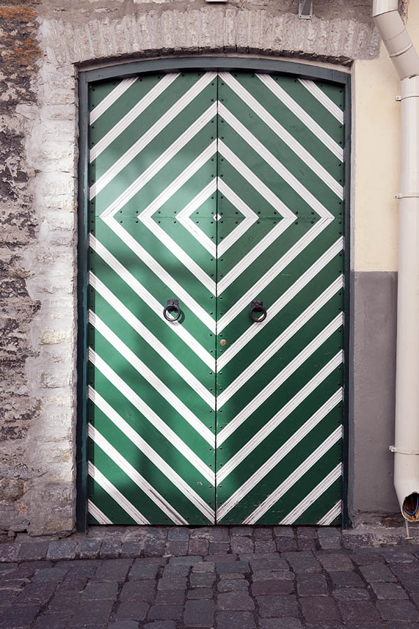 Photo 19885: Formed, white and green double door of diagonally mounted boards