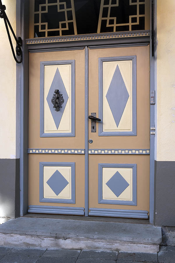 Photo 19889: Panelled, carved, light brown, light yellow and grey double door with top window