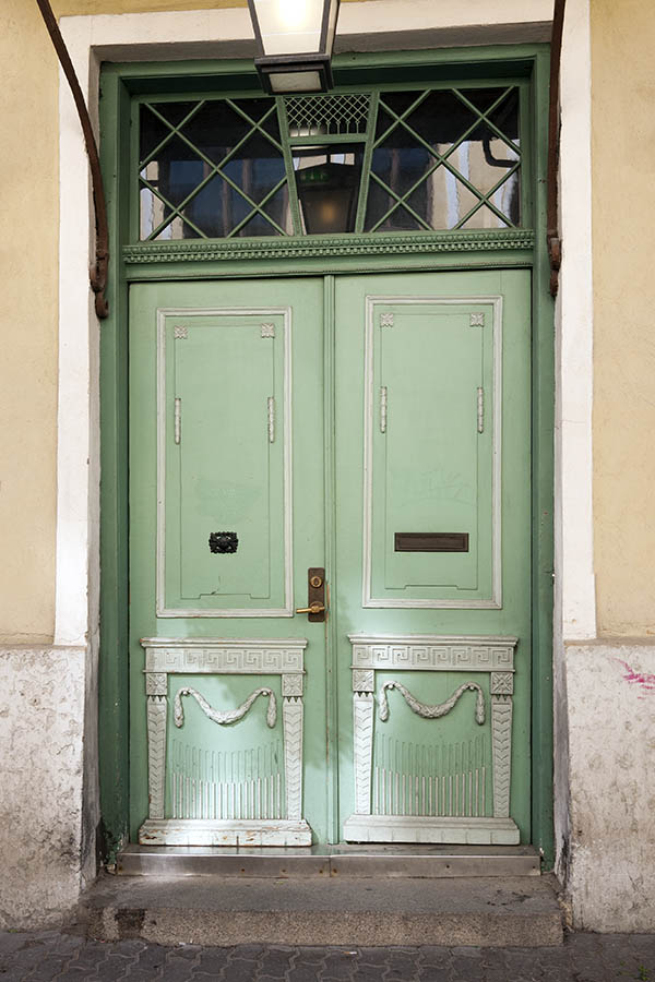 Photo 19955: Panelled, carved, light green, white and green double door with top window