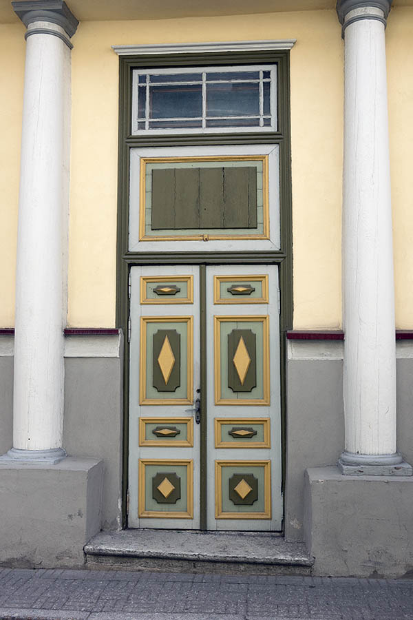 Photo 20138: Panelled, carved, grey, yellow, light green and green double door with grey top window