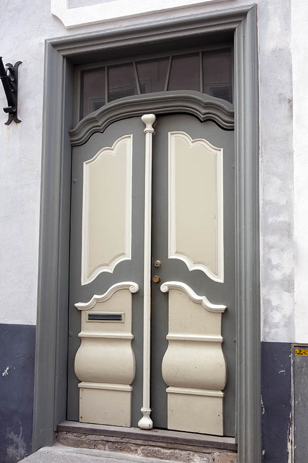 Photo 20158: Formed, panelled, grey, white and light yellow double doow with top window