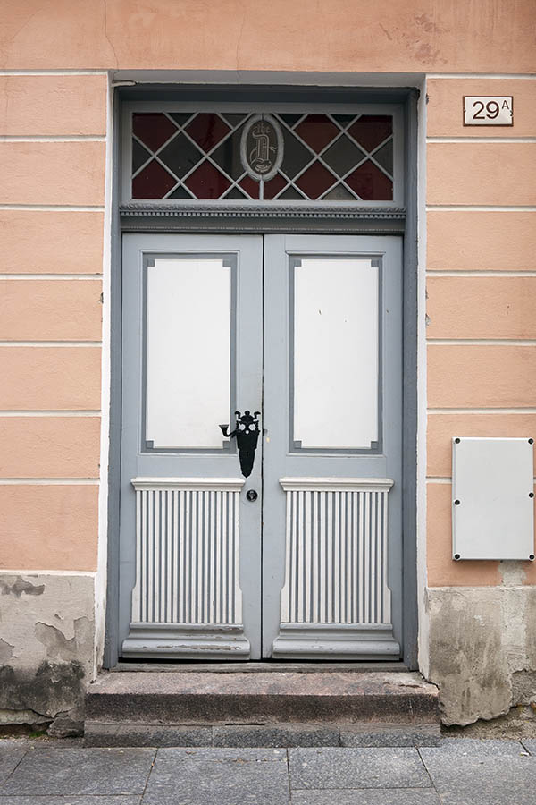 Photo 20180: Panelled, carved, grey and white double door with top window