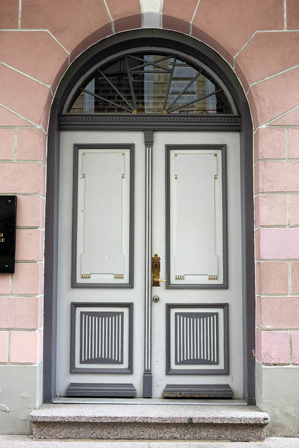 Photo 20186: Panelled, carved, grey and white double door with brown fan light