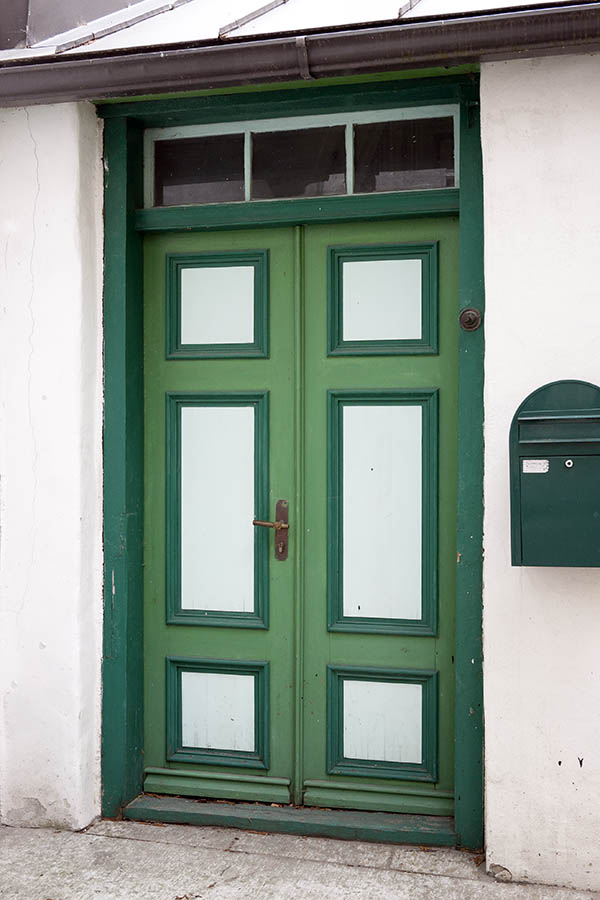 Photo 20193: Panelled, green, light green and white double door with top window