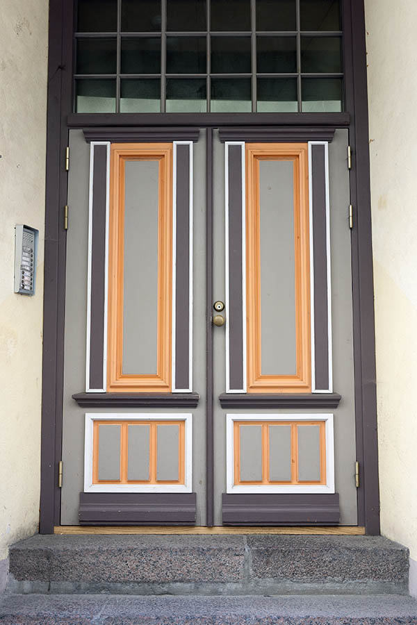 Photo 20215: Panelled, light brown, brown and orange double door with top window