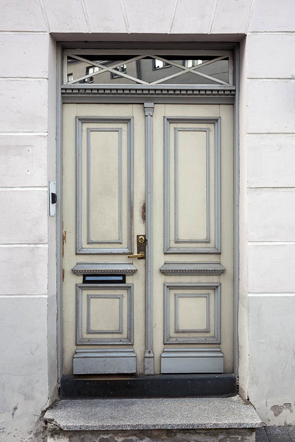 Photo 20224: Panelled, carved, grey and light yellow double door with top window