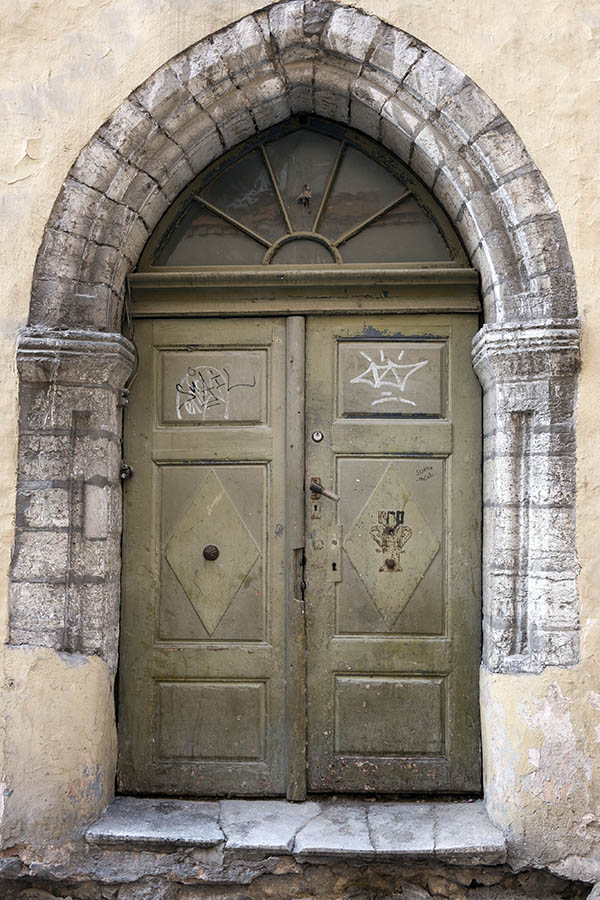 Photo 20247: Worn, panelled, carved, green double door with fan light