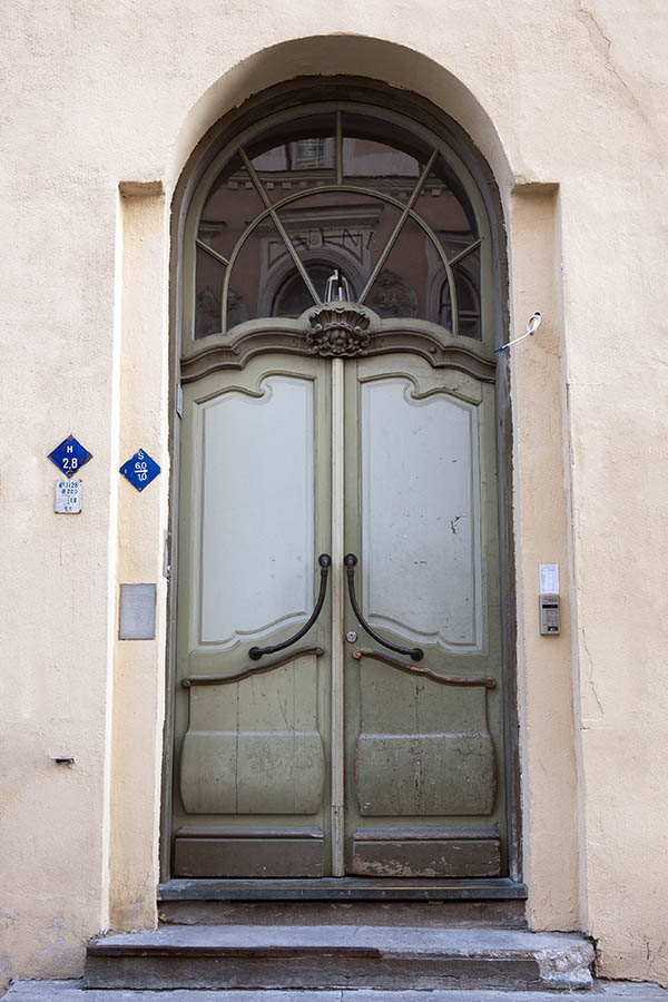 Photo 20267: Large, formed, carved, green and grey double door with a large fan light