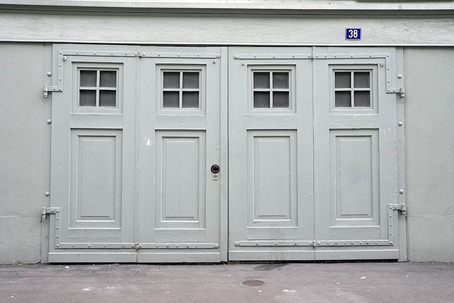 Photo 23831: Panelled, grey gate with four sections and door lights