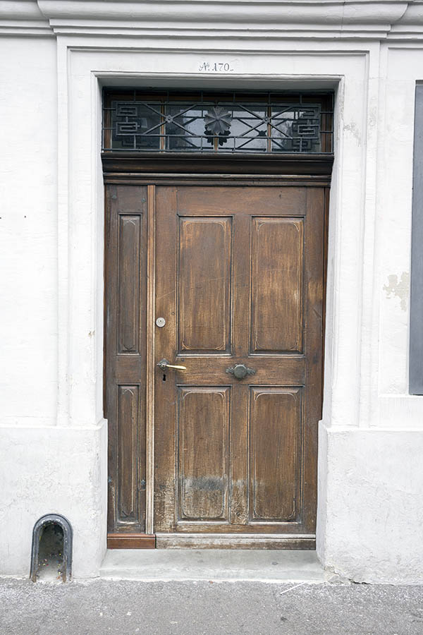 Photo 23845: Worn, panelled, brown door with sidepiece and latticed top window