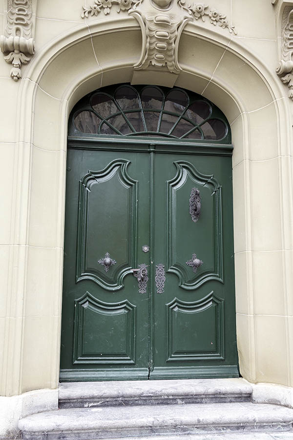 Photo 23867: Carved, panelled, green double door with fan light