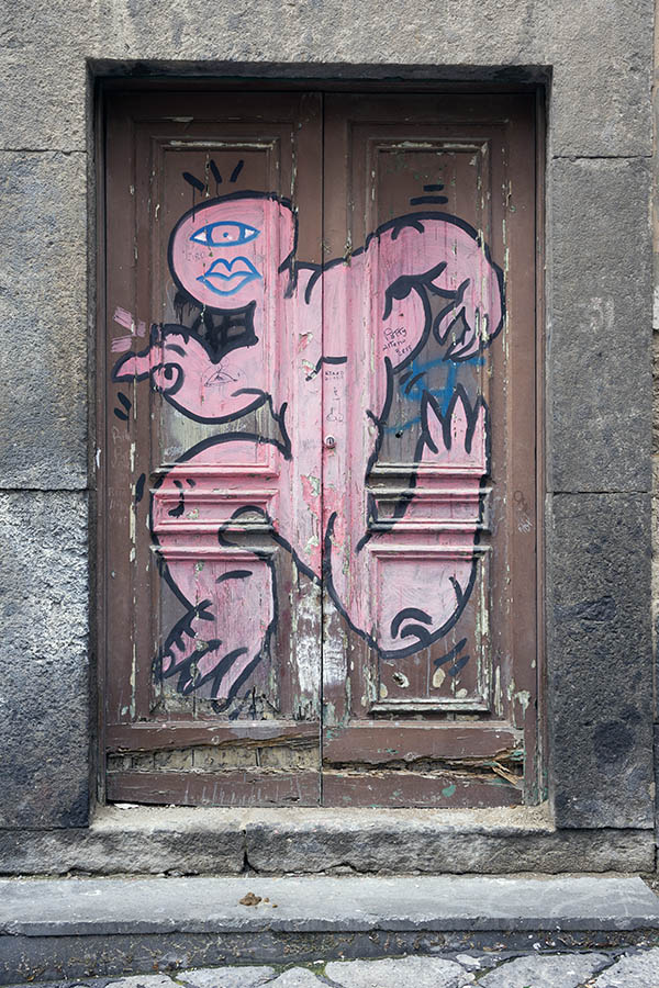 Photo 23920: Decayed, panelled, brown double door with pink graffitti