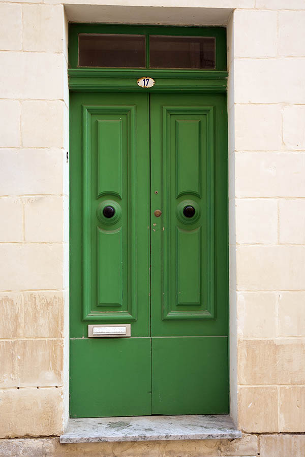 Photo 24019: Panelled, carved, green double door with top window