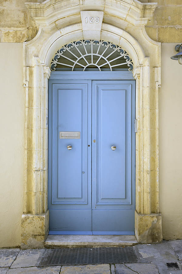 Photo 24124: Panelled, light blue double door with latticed fan light