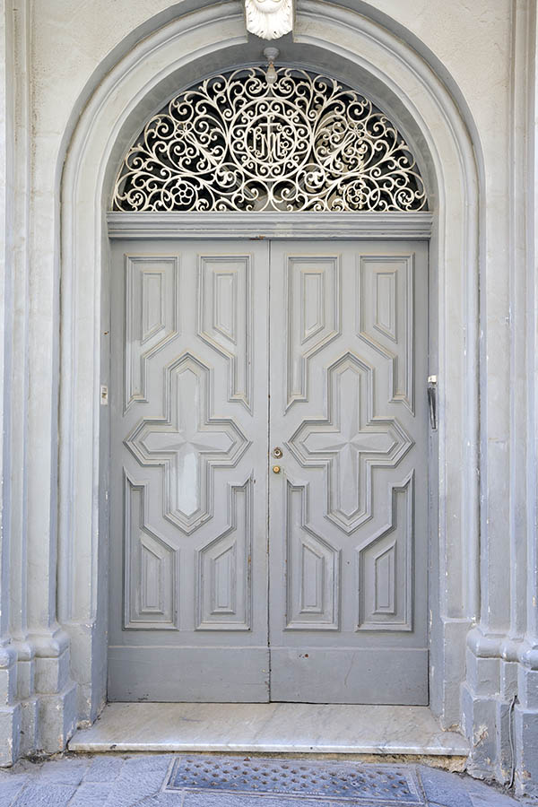 Photo 24181: Panelled, carved, grey double door with a large, latticed fan light