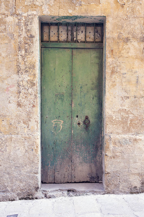 Photo 24198: Decayed, narrow, green double door made of planks with a barred top window