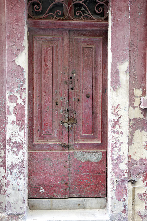 Photo 24207: Decayed, panelled, red double door with latticed top window