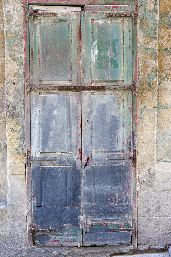 Photo 24222: Decayed, green, white and blue double door of boards