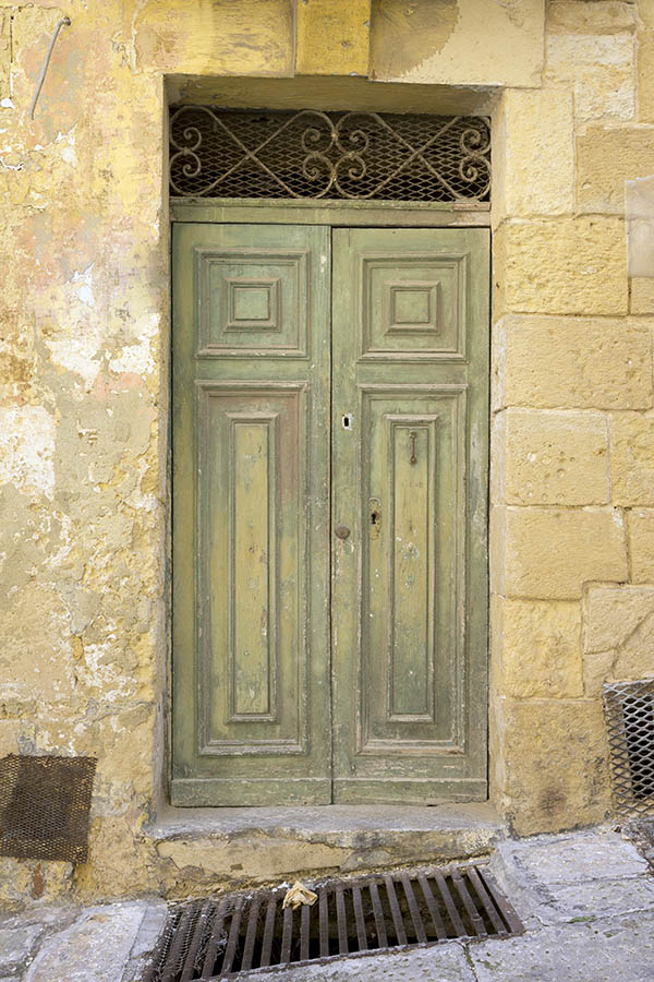 Photo 24293: Worn, panelled, light green double door with latticed top window