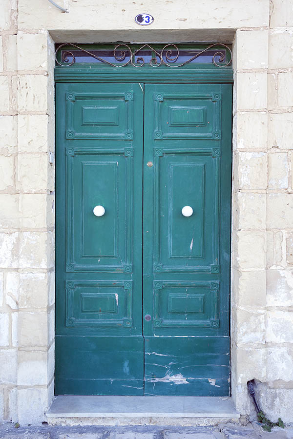 Photo 24315: Panelled, carved, teal double door with a narrow, latticed top window