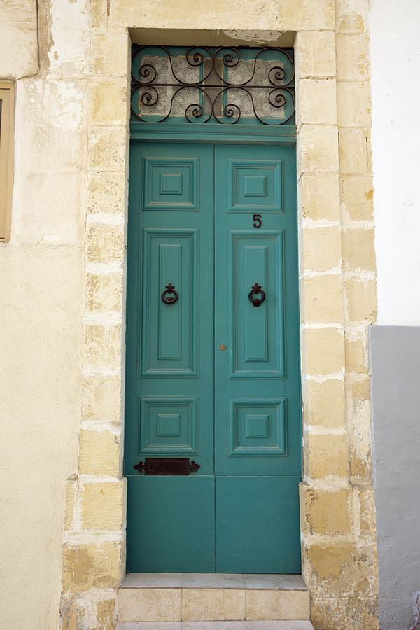 Photo 24332: Narrow, panelled, light blue double door with latticed top window